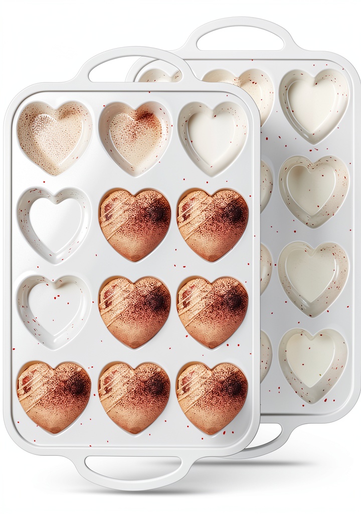 AOTASO heart-shaped cake pan with baked cupcakes on a kitchen counter