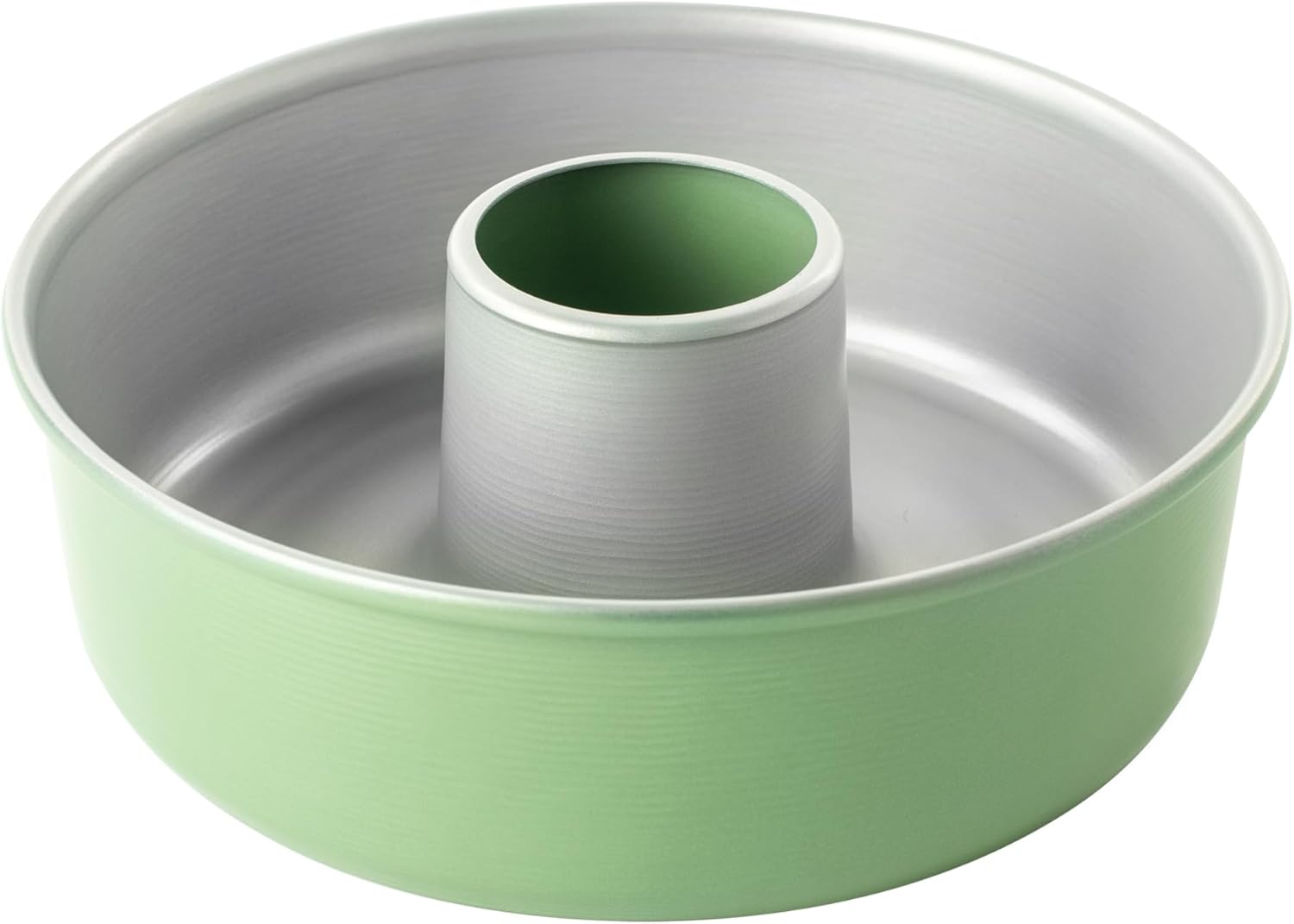 Nordic Ware tube cake pan displaying Aurora Green color and nonstick surface