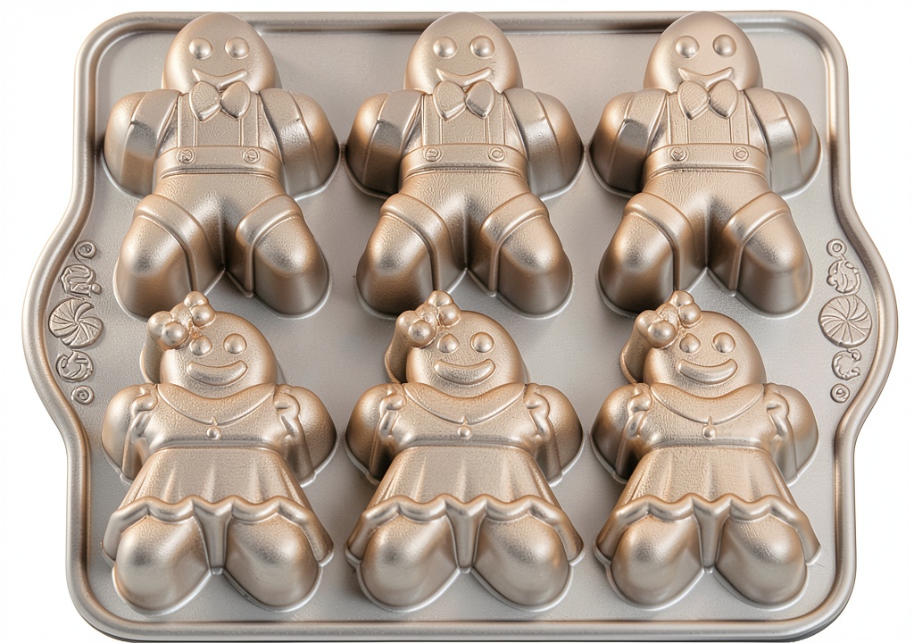 Nordic Ware aluminum cake pan filled with gingerbread boys and girls